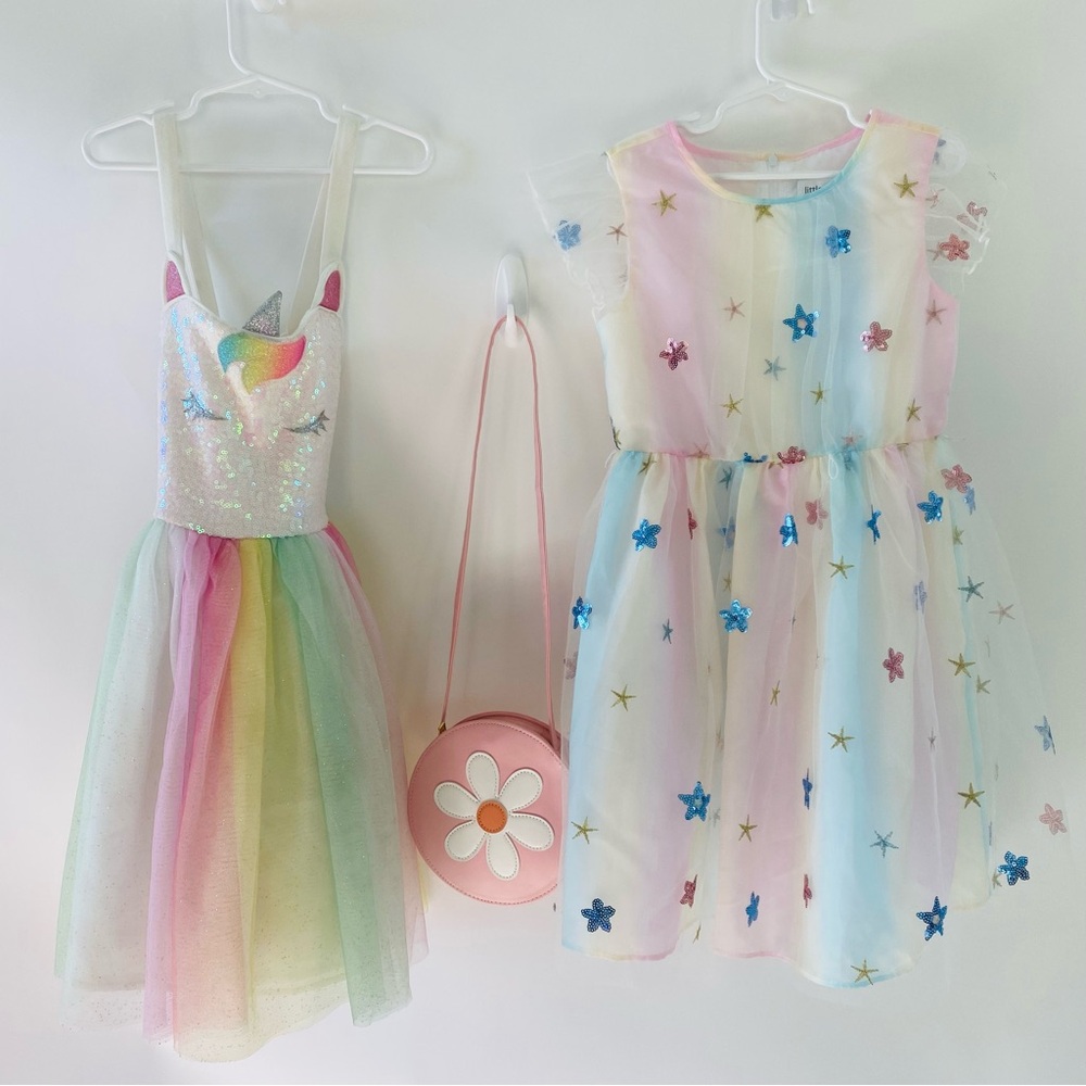 EUC Set of 3 - 2 Dresses Size 6x Girls Rainbow Unicorn Sequins & 1 Flower Purse